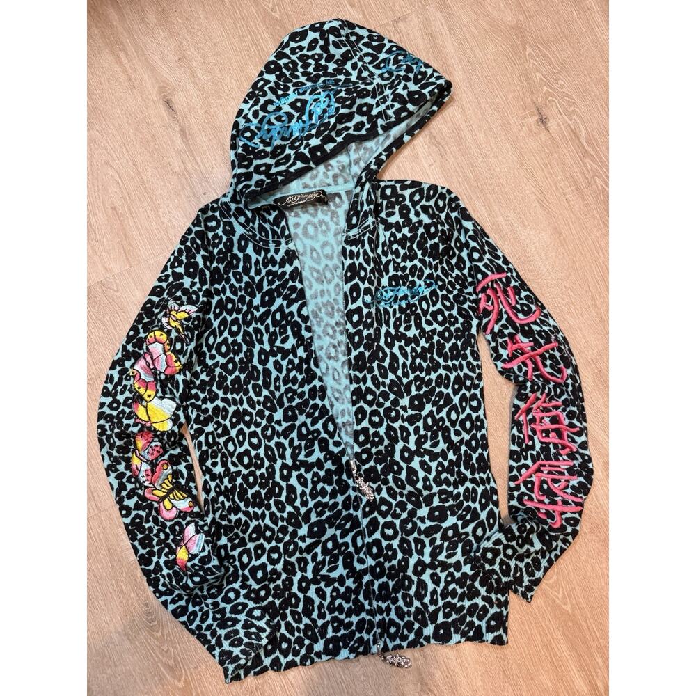 Y2K Vintage Ed Hardy Leopard Print Embroidered Rhinestone Jacket Teal Aqua Blue